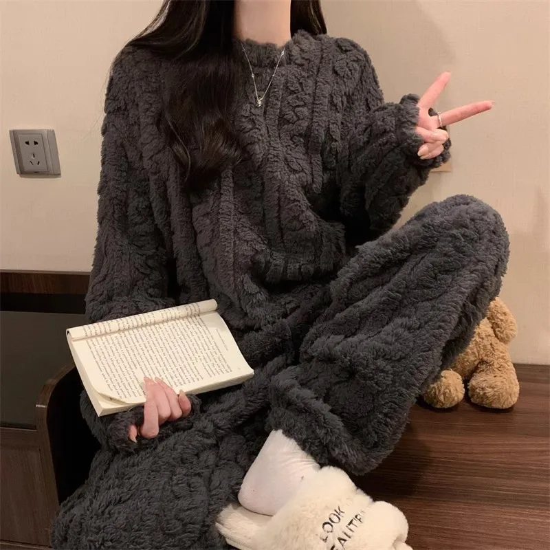 Winter Autumn Warm Soft Round Neck Pajamas Set Women Long Sleeves Clothes Solid Color Blue Pink Dark Gray White Pruple Comfort