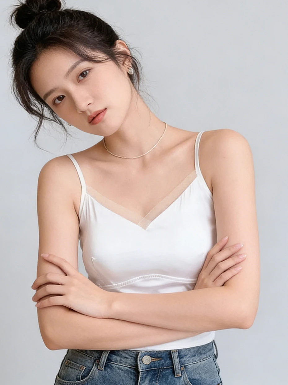Women's Strap Vest Integrated Acetate Base Layer High Elasticity V-neck Daily Wear Fashion Top with Chest Pad Beautiful Back