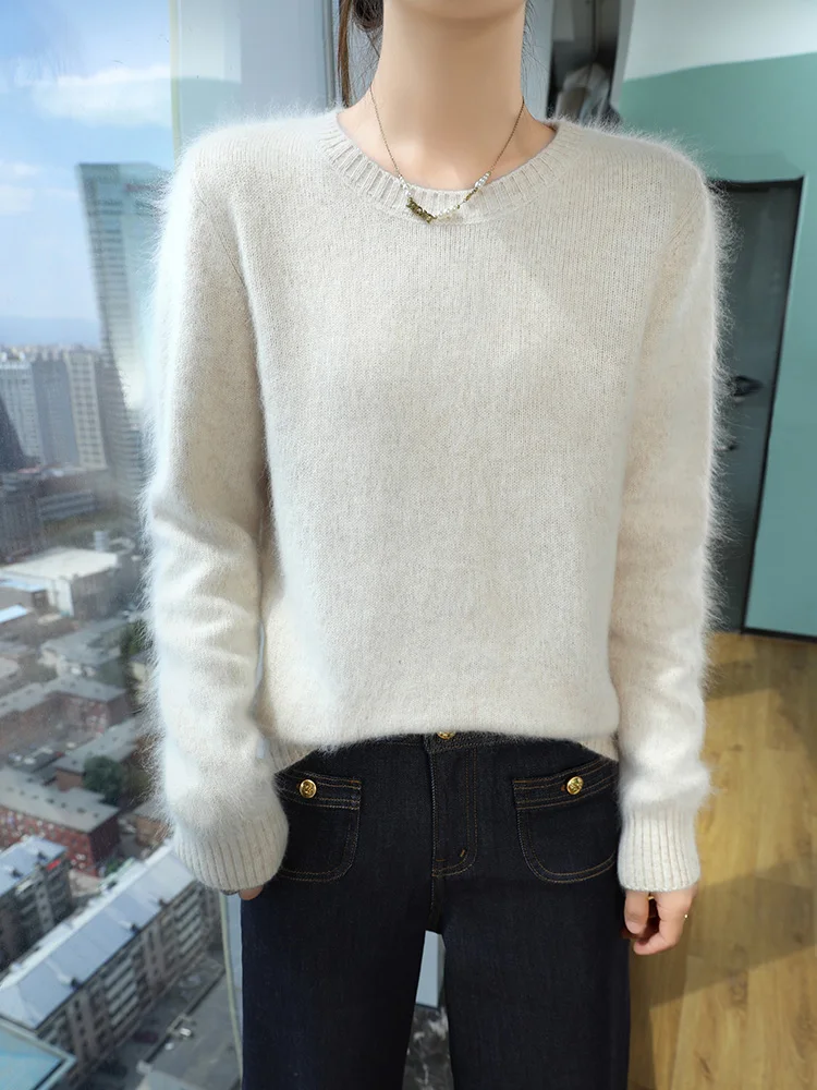 

Long Sleeve Women Sweater Autumn Winter O-neck Pullover 100% Mink Cashmere Basic Solid Knitwear Feamle Clothing Bottom Shirt Top