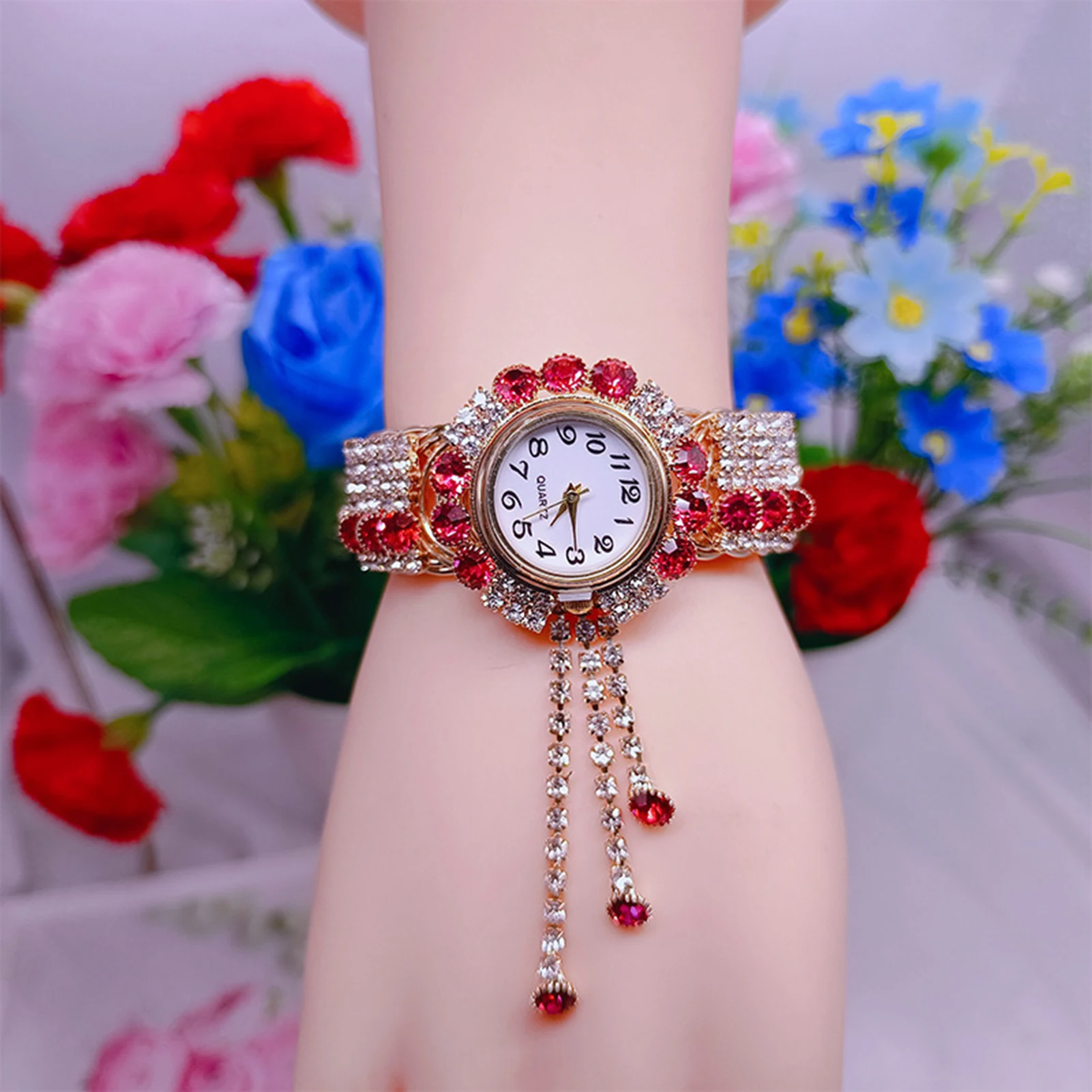 Sparkling Rhinestone Round Dial Watch Colorful Tassel Metal Strap Watch for Mother Girlfriend Birthday Gifts