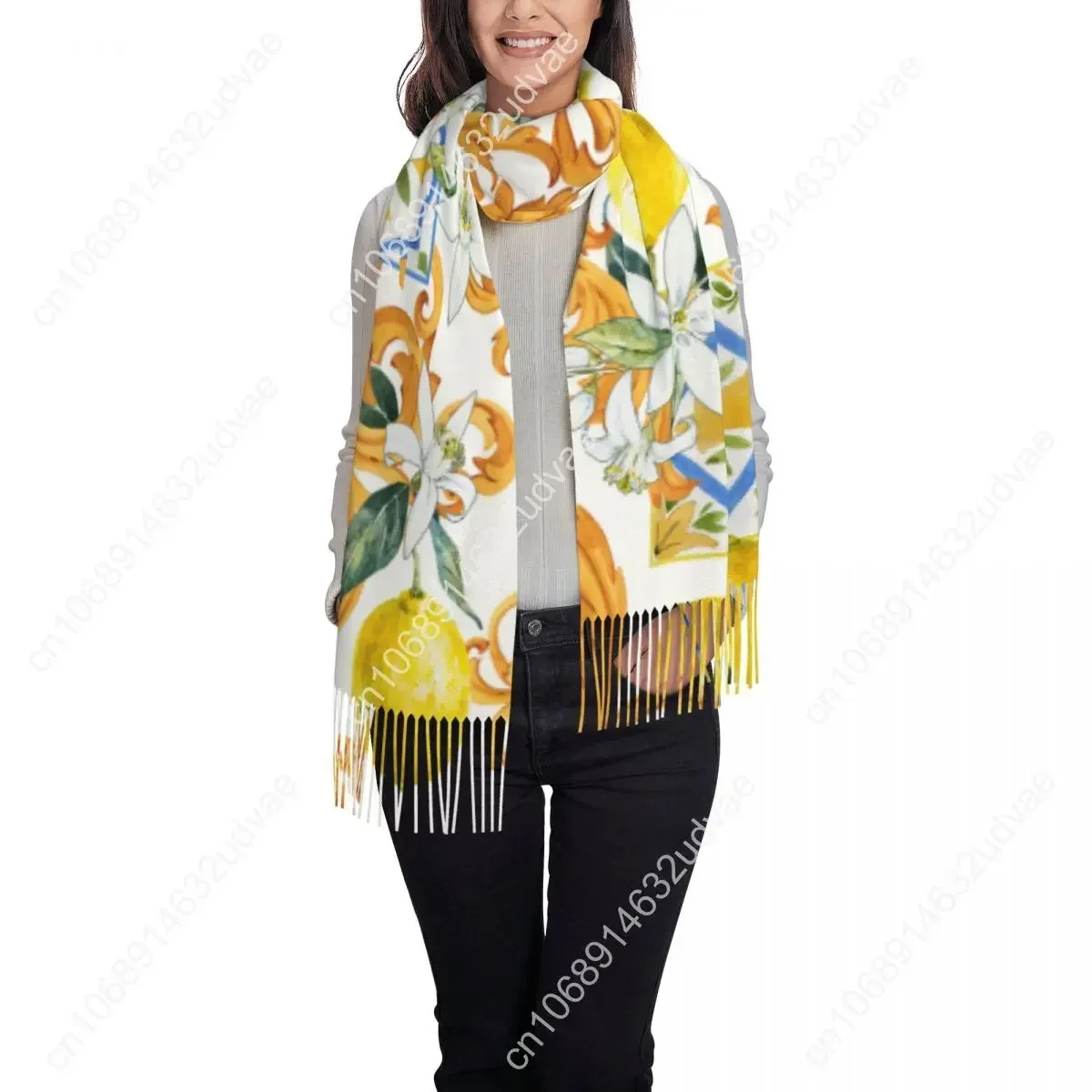 Bufanda de invierno con flores de limón para mujer, chales de envoltura fina, bufandas cálidas con borlas, monogramos dorados, Bufanda peluda, estola