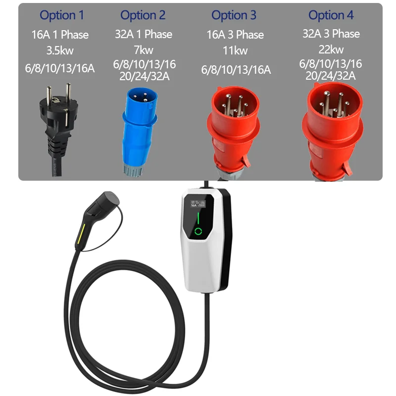 EV Charger Type 2/Type 1 Electric Vehicle Wallbox 22KW 11KW 7KW 3.5KW Portable Charger Box evse controller Charging 16A/32A