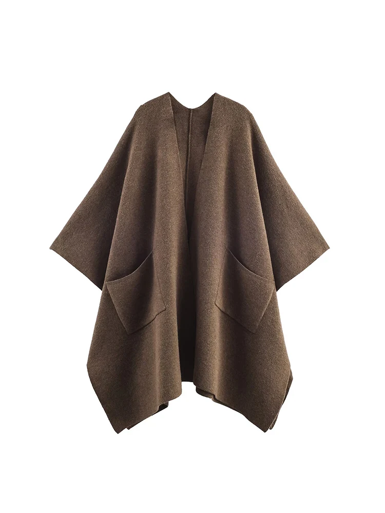 

European and American style 2025 autumn new products women's clothing versatile V-neck loose solid color long knitted cape