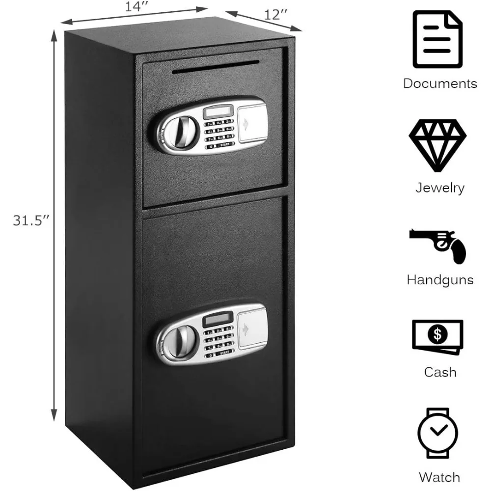 Double Door Digital Safe Box with Separate Keypad, Emergency Keys, and Security Drop Slot for Home or Office Use