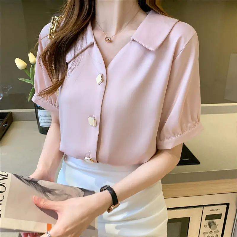 Women\'s Clothing 2023 Fashion Casual Office Lady Loose Solid Thin Summer Turn-down Collar Button Elegant Short Sleeve Blouses