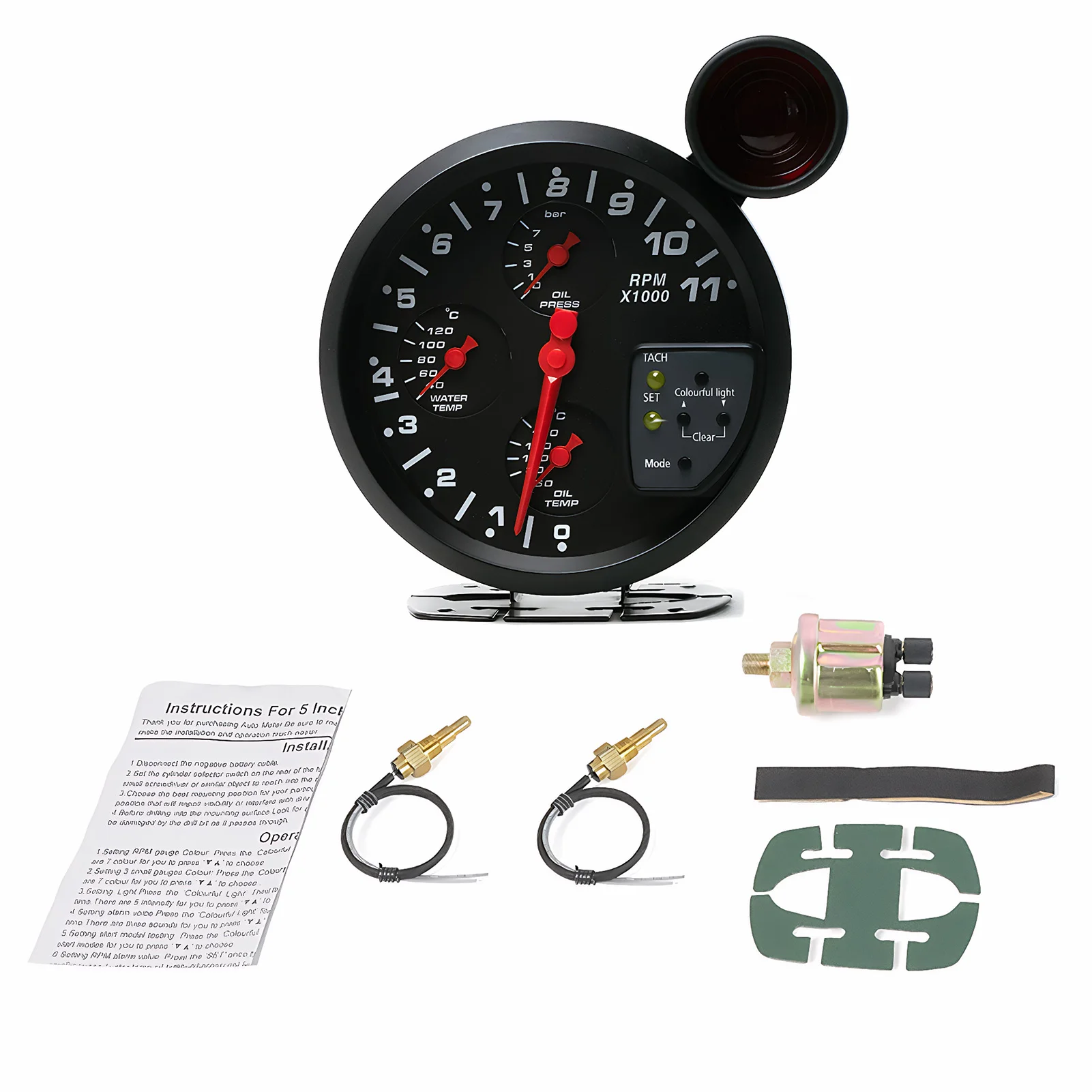 5 Inch 4-in-1 Tachometer Water/Oil  Temperature RPM Meter Tachometer 11000k With Shift Light Car Gauge 7 Color Backlight 12v