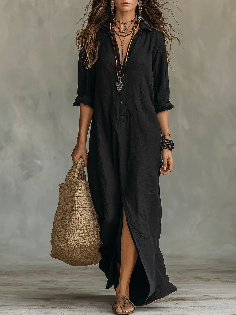 Multifunctional Dress Monochrome Minimalist Collared Dress Front-Opening Slit Flattering Dress Summer Beach Holiday Dresses