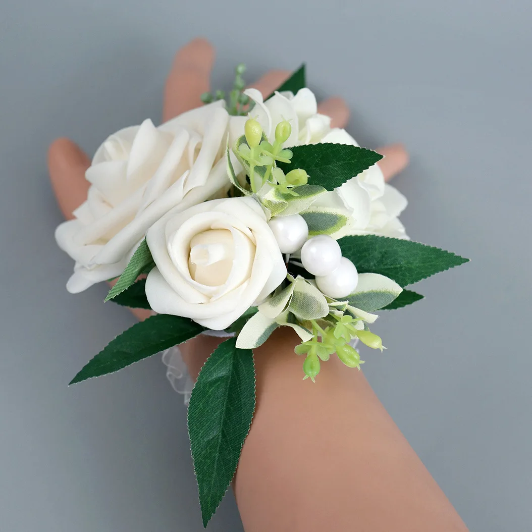 Cream Rose Artifical Flowers Wrist Corsage Wedding Accessories Marriage Bridesmaid 코사지