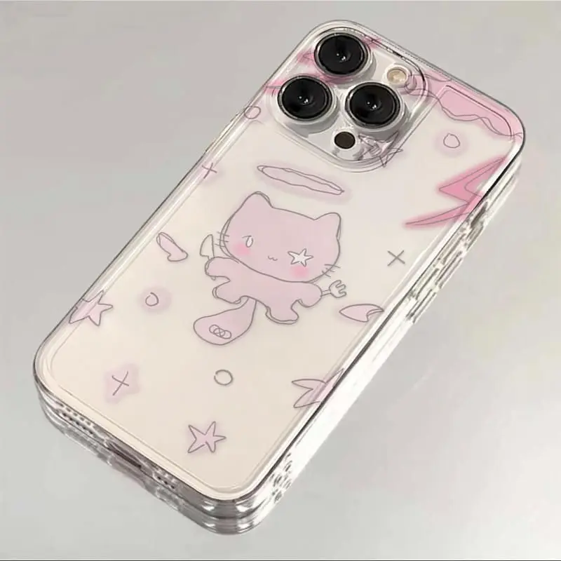 Linda funda de teléfono rosa para iPhone, carcasa transparente, Ángel, gatito, 16, 15, 14, 13, 12, 11, Mini Pro Max, X, XR, XSMax, 6S, 6, 7, 8 Plus, SE20