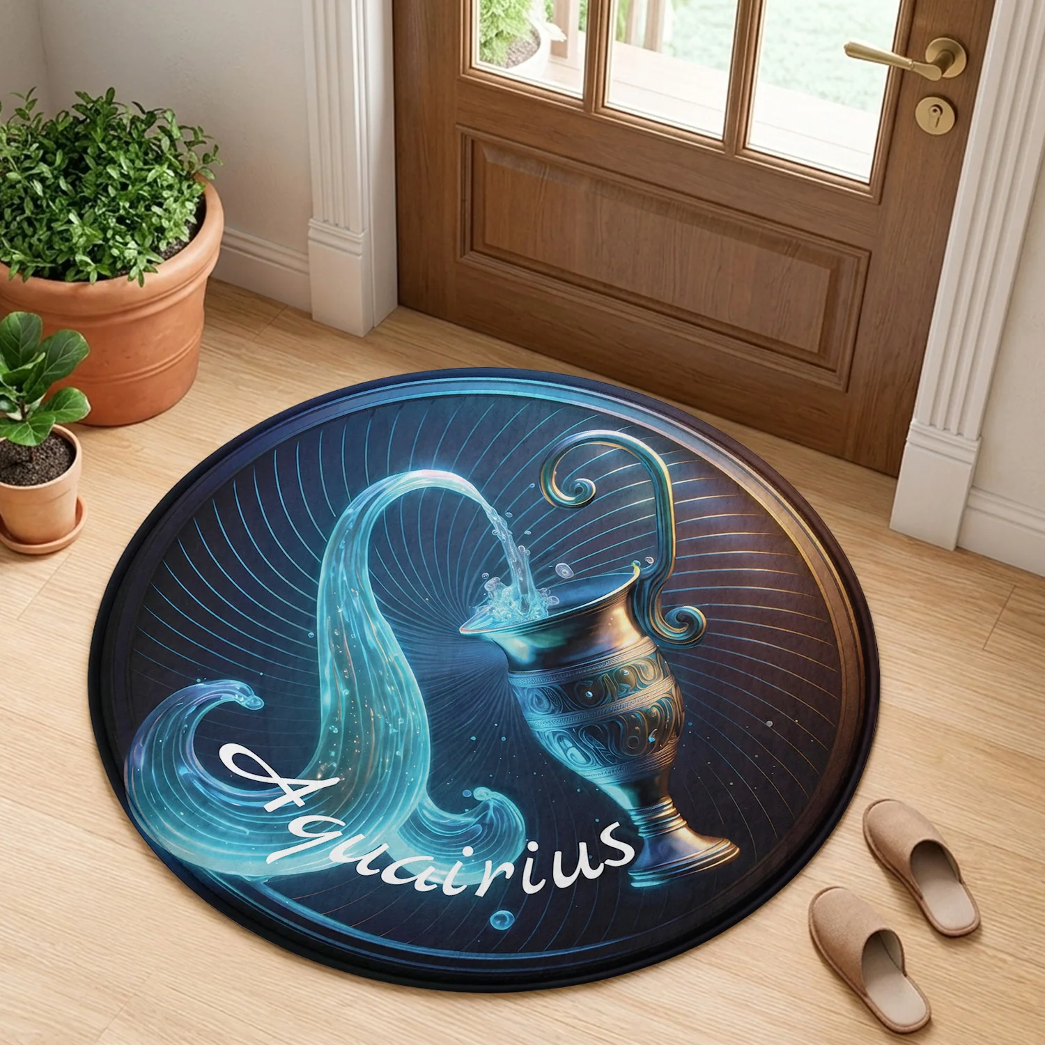 Aquarius Constellation Zodiac Sign Water Urn Jug Splash Blue Pattern Holiday Luxury Round Mat Elegant Area Rug Home Decor