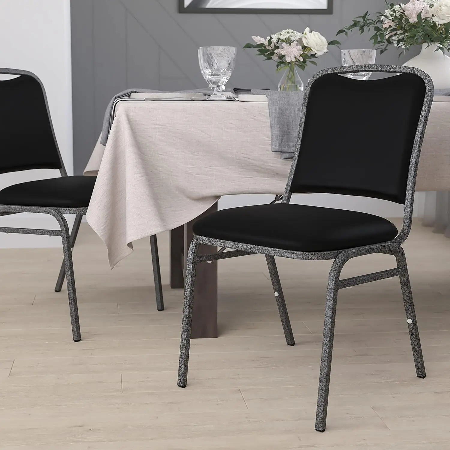 

Stacking Banquet Chair in Black Vinyl Silver Vein Frame, Custom