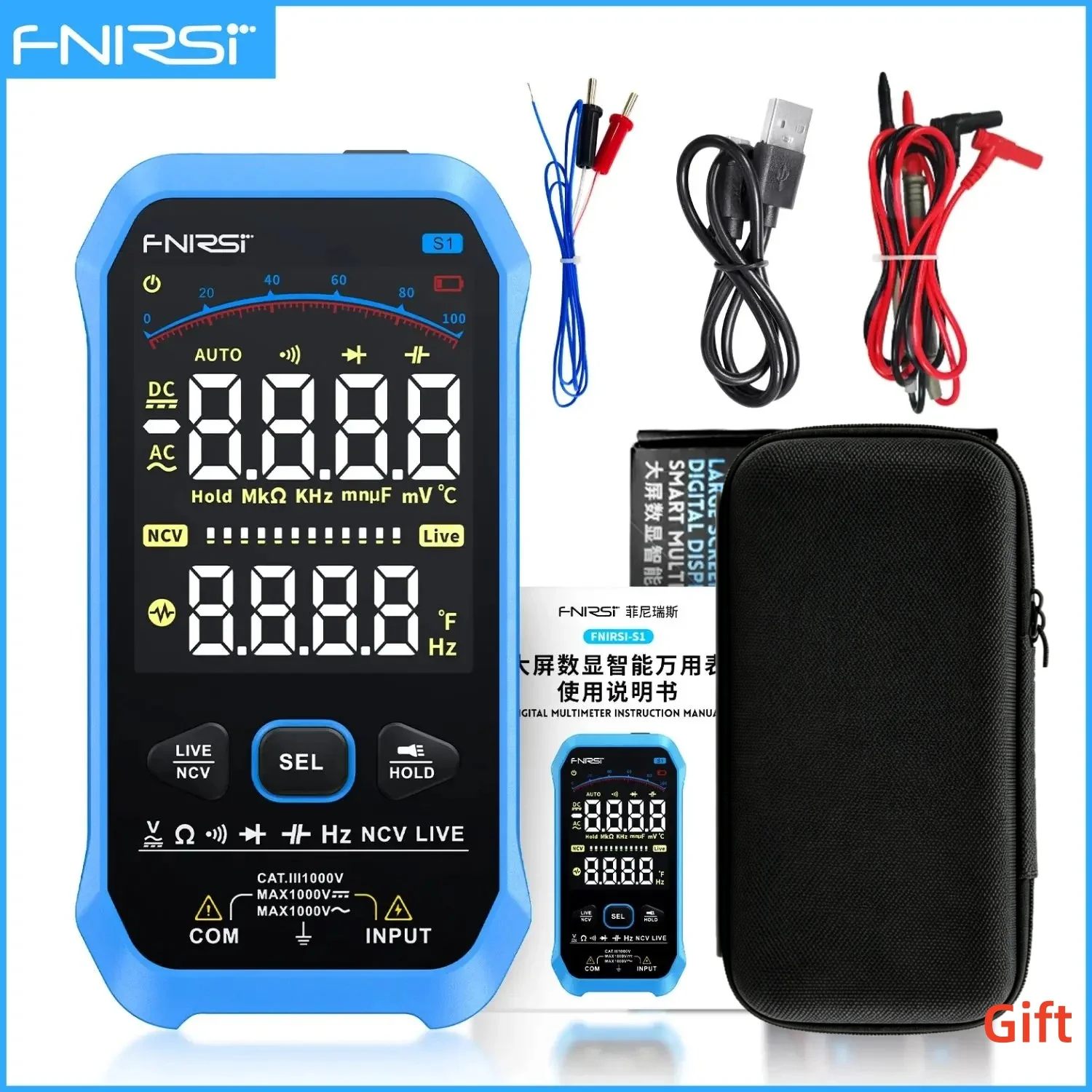 FNIRSI-S1 Digital Multimeter 9999counts AC DC Voltage Resistance Capacitance Diode NCV Hertz Live Wire Tester With Thermocouple