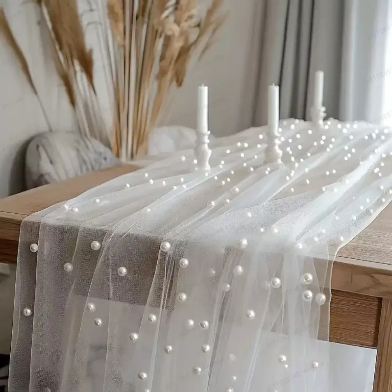 European Style 0.75*3M Table Flag Semi Transparent Tulle Lace Table Runner Sheer Drapes Gauze Mesh Pearl Chiffon Curtain Decor