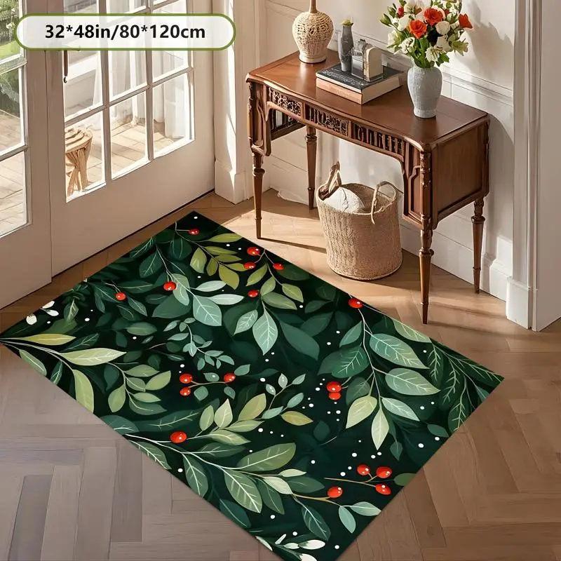 Vintage Forest Red Berry Green Leaf Rug Soft Velvet Living Room Bedroom Study Decor