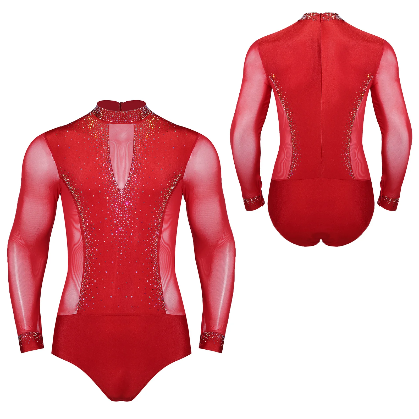 Mens Tango Rumba Chacha Latin Dance ชุดบอดี้สูทเสื้อจังหวะยิมนาสติก Jumpsuit ชายแขนยาวสเก็ต Leotard