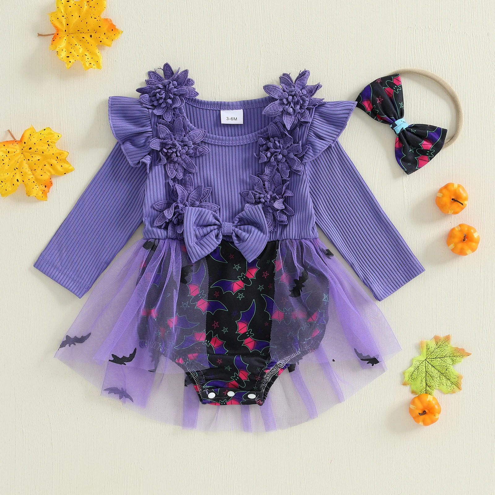 

Baby Girl Halloween Romper Dress Long Sleeve O Neck Tulle Patchwork Romper with Headband Outfits