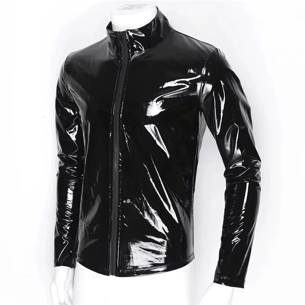 

Mens T-Shirt S-7XL Long Sleeve Jackets Faux Leather Tshirt Shiny Patent Leather Tights Coats Sexy Cosplay Stage Performance Tops