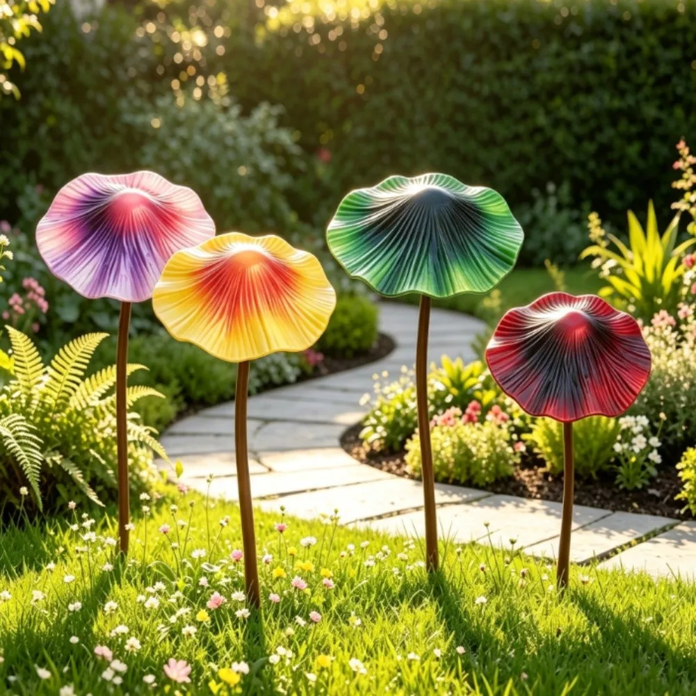 Colorful Rustic Iron Mushroom Garden Stakes Set- Waterproof Outdoor Yard Decor For Lawn Flower Bed