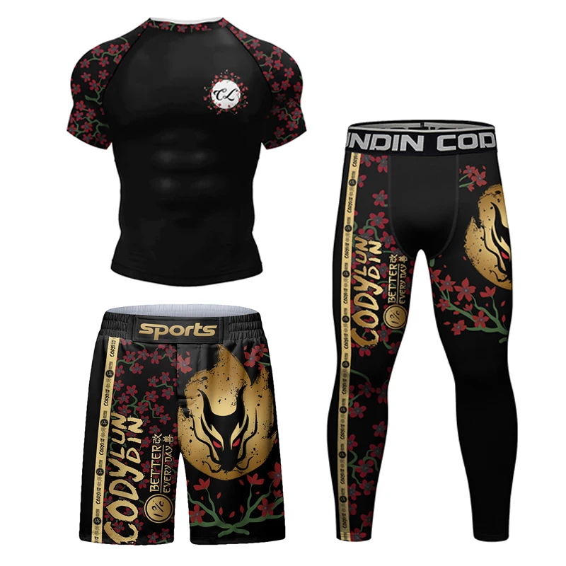 Męskie Bjj Rashguard Jiu Jitsu MMA t shirt spodenki bokserskie koszule kompresyjne PantsQuick sportowe koszulki do biegania na sucho