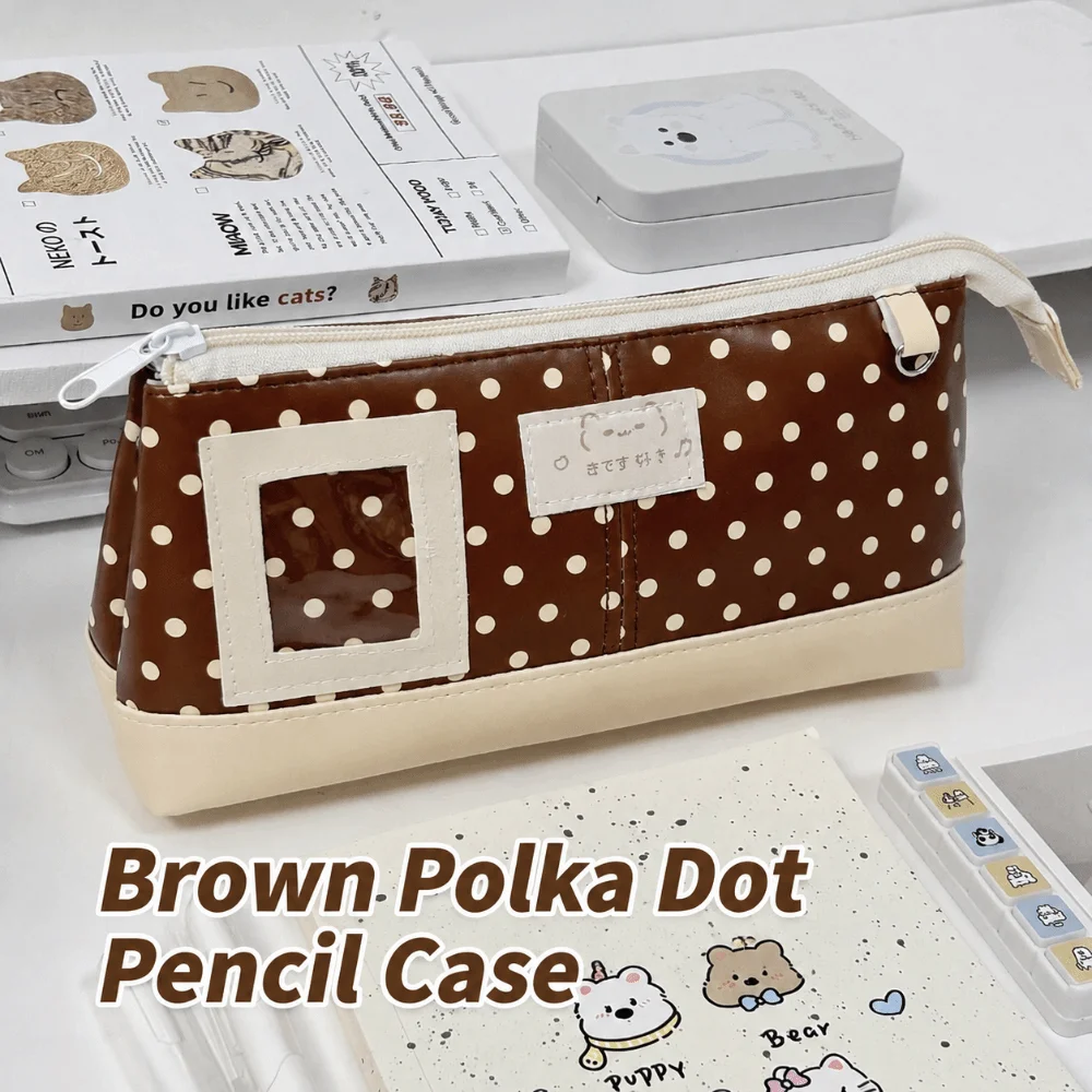 Durable PU Leather Pencil Case Brown Polka Dot Design Pen Bag With Photo Window Large Capacity Stationery Organizer Gift