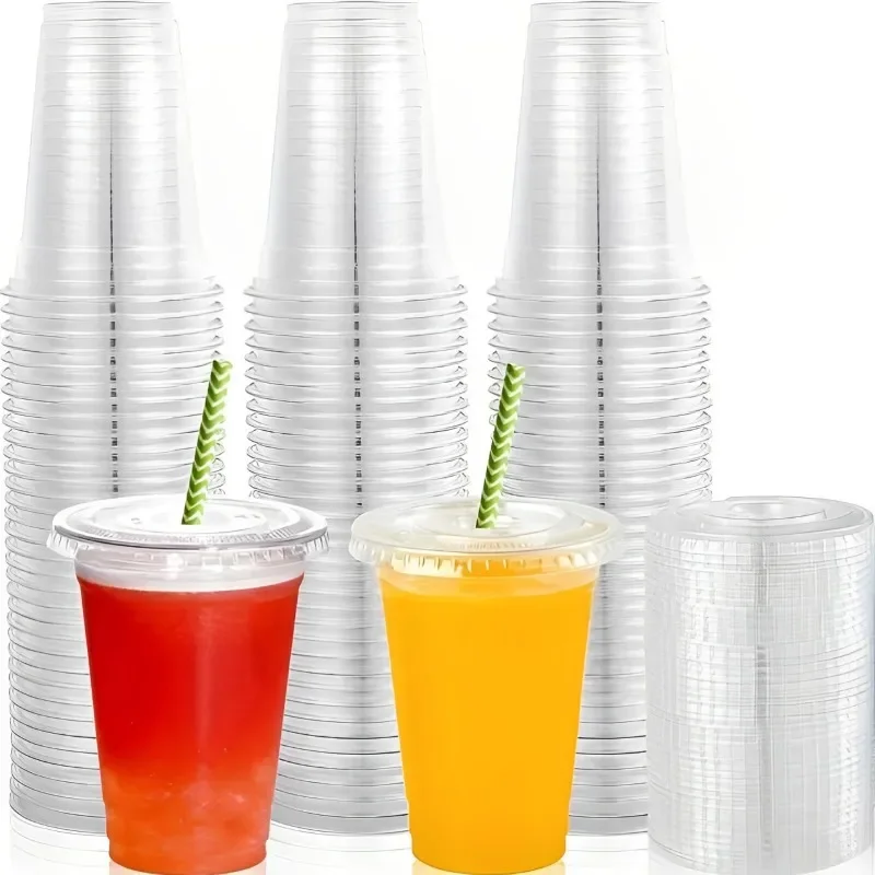 

50PCS Disposable Plastic Cups with Lids Plastic Cups for Cold Drinks Coffee Juice Smoothies Birthday Party Supplies