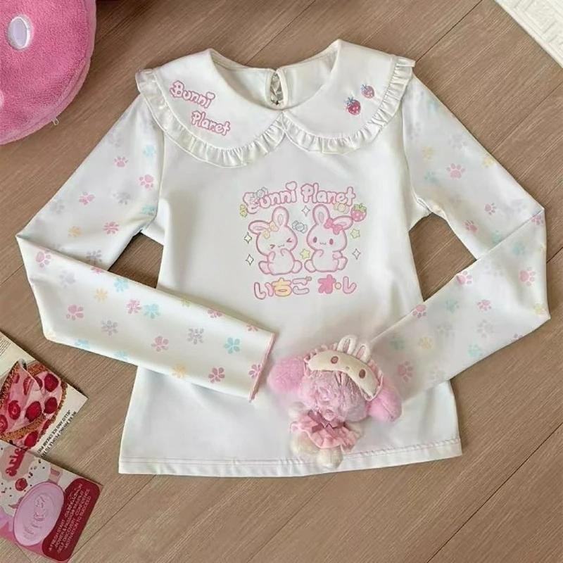 Japanese Sweet Cartoon Bunny Print Kawaii T-shirt Women Harajuku Peter Pan Collar Ruffled Top Y2k Aesthetic Grunge Slim Fit Tees