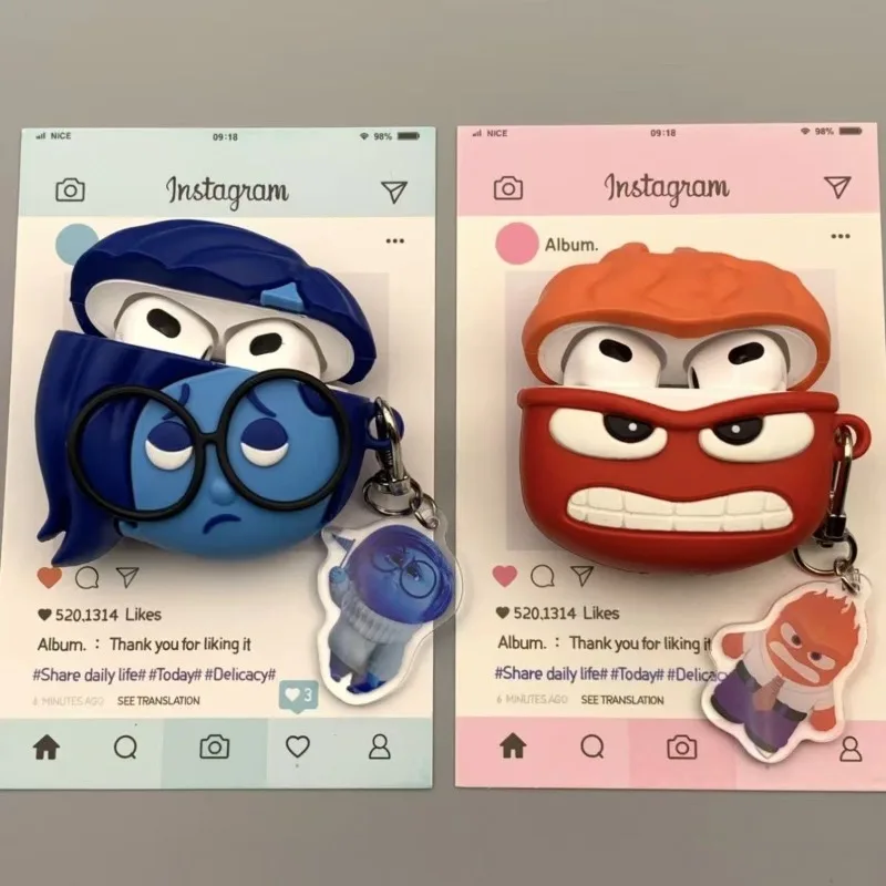 Inside Out 2 الحزن حقيبة سماعة الاذن لابل AirPods 4 3 2 1 Pro حافظة الغضب أنيمي لينة سيليكون غطاء للحماية مع هوك هدية