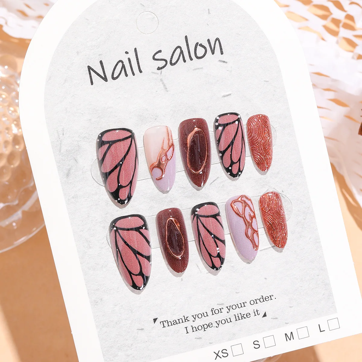 10 قطع الشوكولاته براون فراشة التوابل فتاة الأظافر وهمية قصيرة اللوز اضغط على الأظافر قابلة لإعادة الاستخدام لاصق الأظافر كاذبة