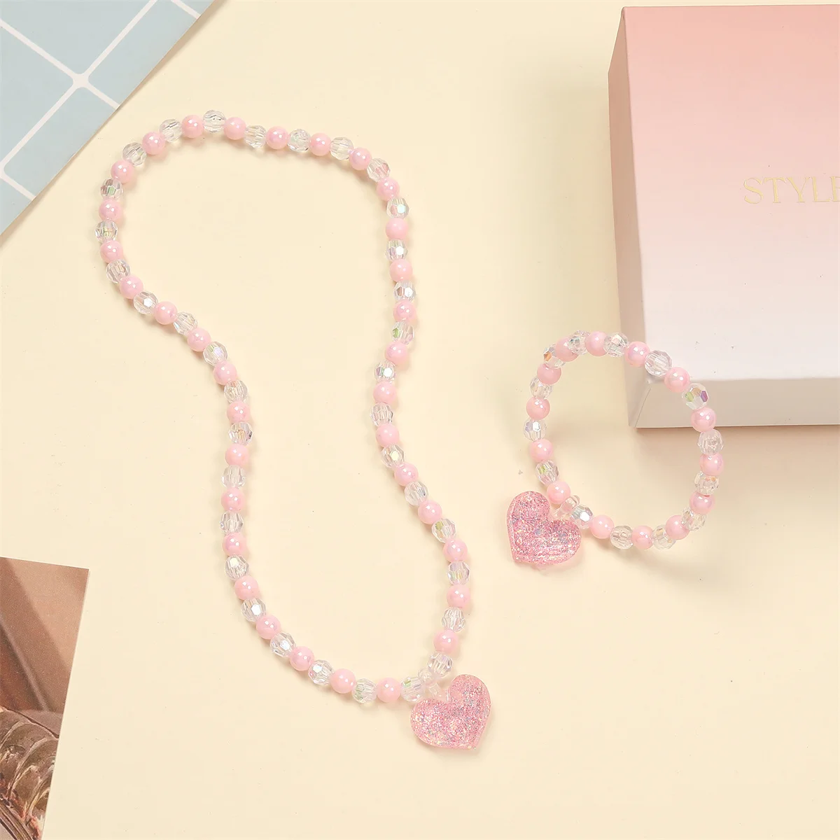 2pcs Sweet Pink Heart Children Necklace Bracelet Set Candy Colorful Beaded Girls Necklace Jewelry Wholesale