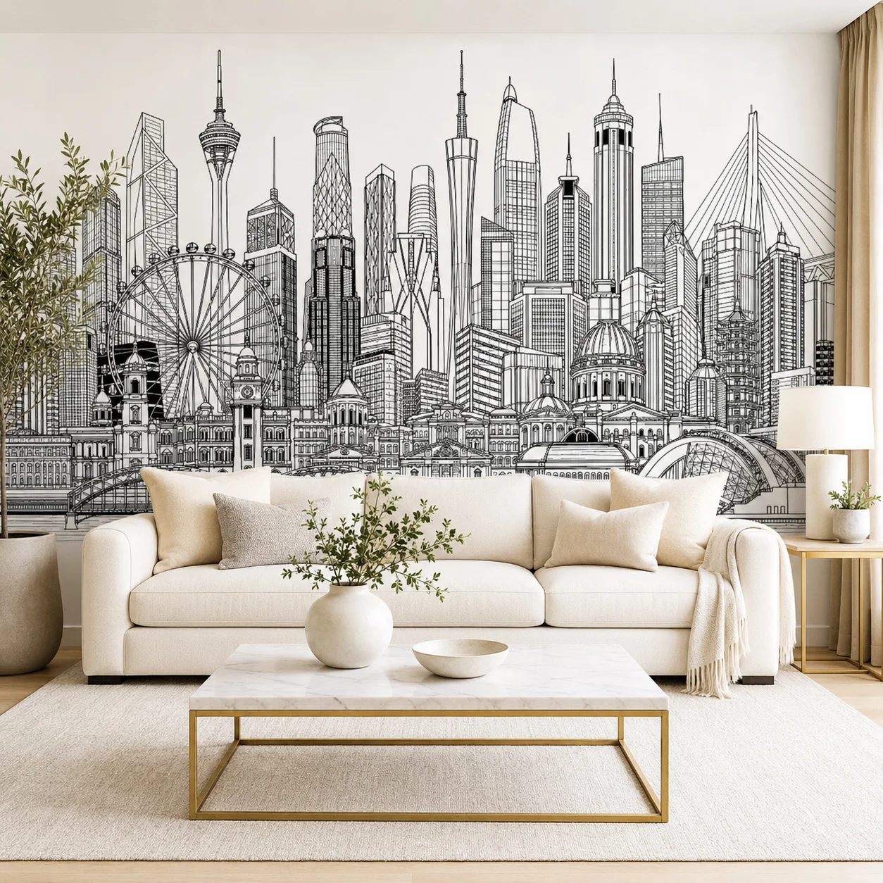 Black White City Skyline Wallpaper Mural Modern Urban Line Art Wall Covering Living Room Bedroom Decor Non Woven Wallpaper