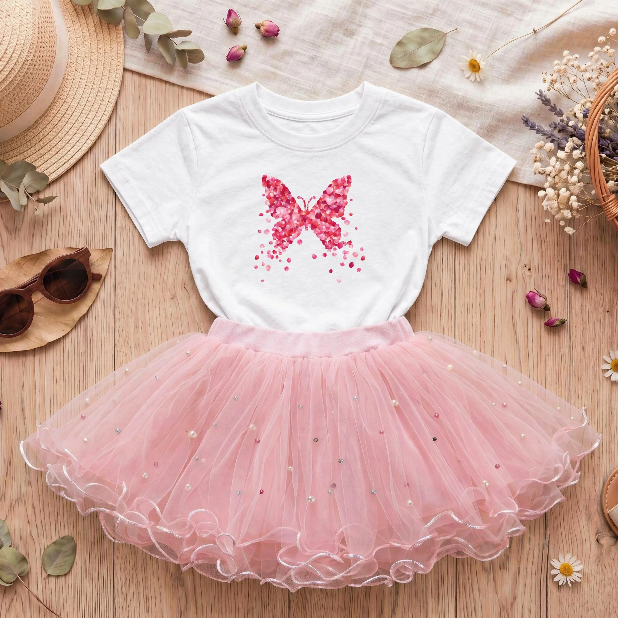 2-teiliges Outfit für Kleinkinder, Mädchen, Blütenblatt, Schmetterling, Baumwoll-T-Shirt, glänzender Punkt, Rüschen, Tüll, Tutu-Rock, Kinder-Sommer-Kostüm mit Schleife, 3–14 Jahre