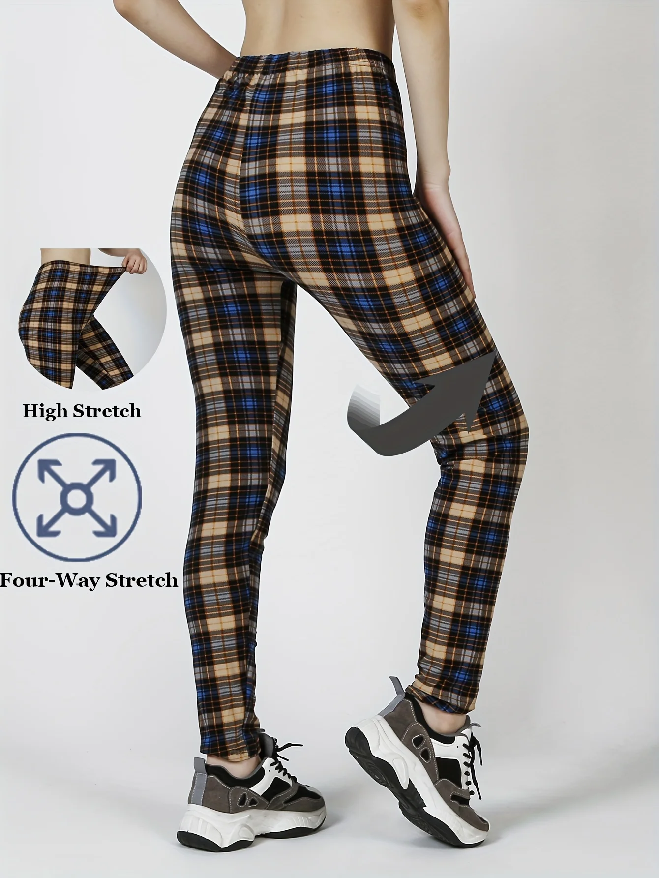Women Mid‑Rise Fleece Lined Leggings Brown Blue Tartan Plaid Print Soft Stretch Warm Ladies Casual Pants
