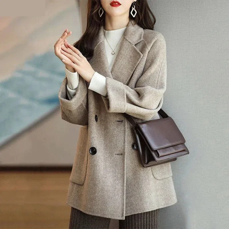 New Elegant Women Mid-length Woolen Coats Office Lady Autumn Winter Korean Loose Warm Thick Wool Blend Jackets Female Outerwear