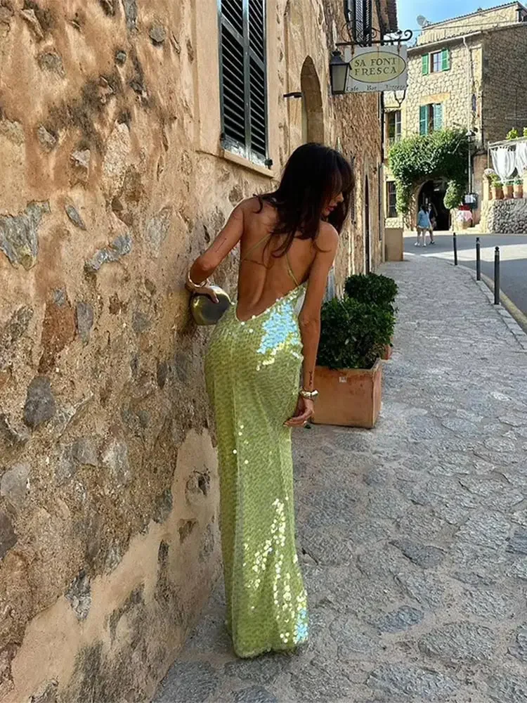 2024 Nieuwe Mode Glanzende Pailletten Maxi Jurk Sexy Off Shoulder Slanke Lange Jurk Met Rugleuning Vrouwen Zomer Chique Avondfeestjurk