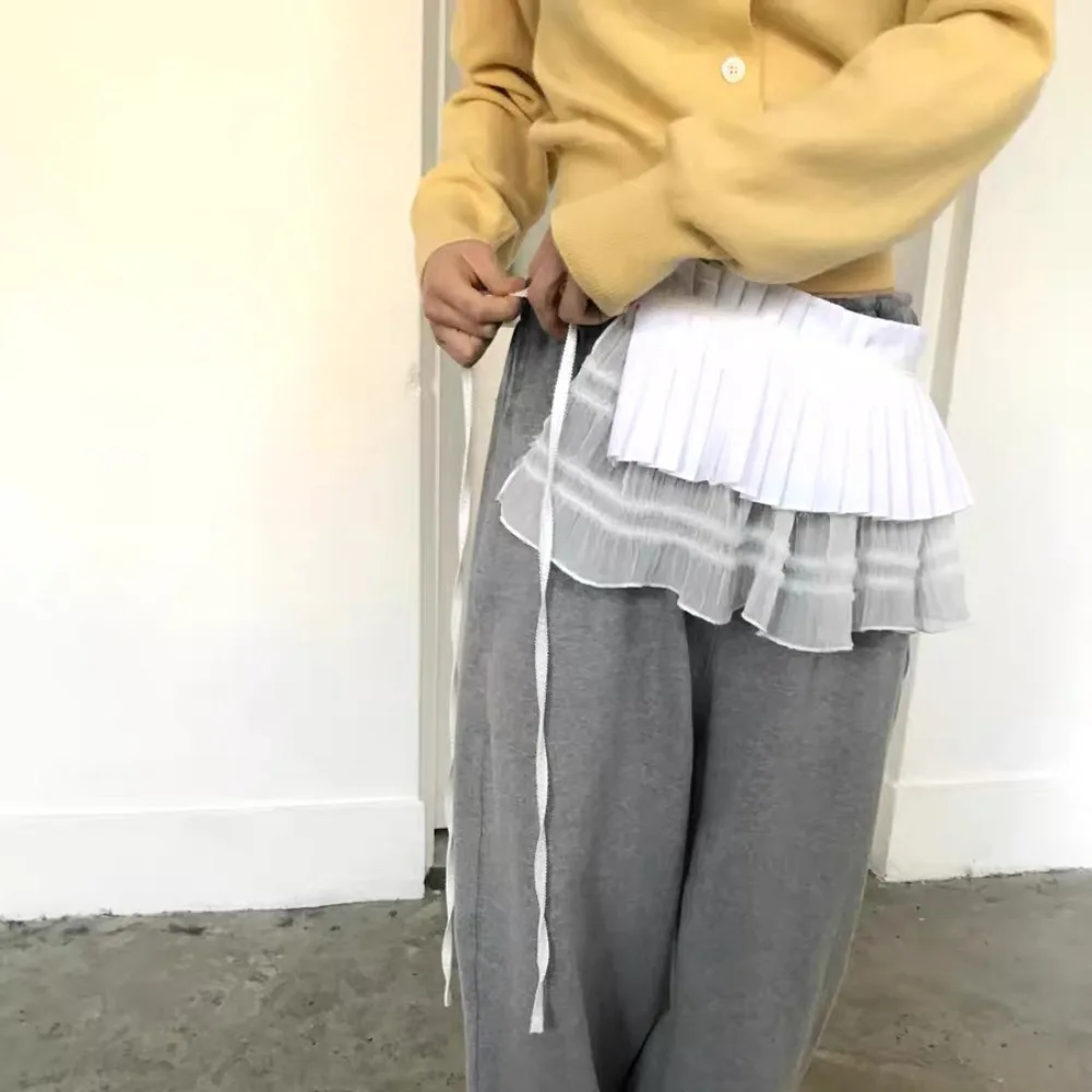 الهيب هوب طبقة وتتسابق مطوي تنورة قميص موسع الحلو تكدرت حافة حزام Y2K شبكة الدانتيل يصل وشاح الورك #2