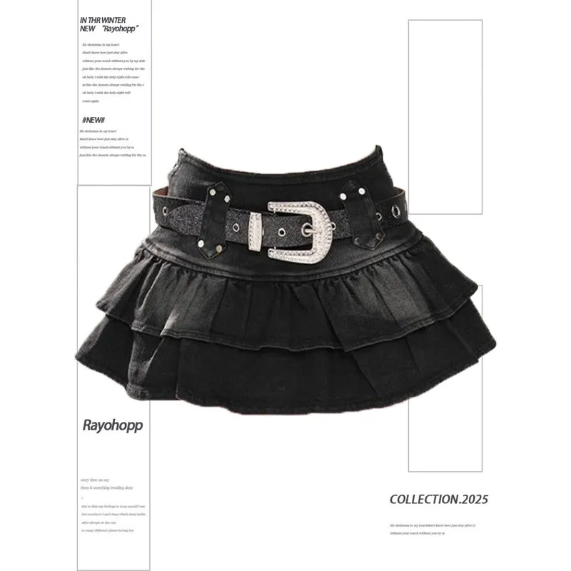 

Y2K Punk Mini Skirt Women 2025 Sexy High Waist Black Pleated Denim Skirt with Rhinestone Belt Streetwear Sweet Cool Goth Outfit