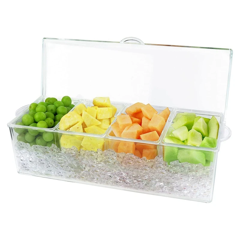 Serving Tray Platter With Ice Chilled Condiment Server, 4 Individual Containers With Lids