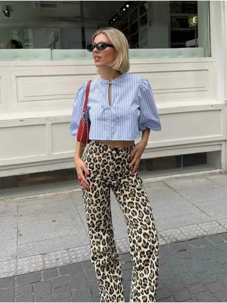 Women Vintage Leopard  High Waist Animal Print Pants Baggy Pants Woman Streetwear 2024 Summer Wide Pants Retro Women\'s Trousers