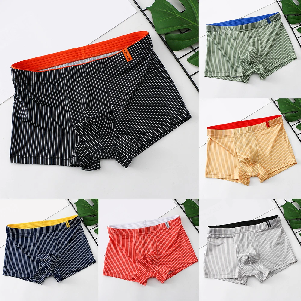 Men Trunks Ice Silks Mens Stripe Printed Underwear Men U Pouch Shorts Male Breathable Elastic Panties Slip Homme