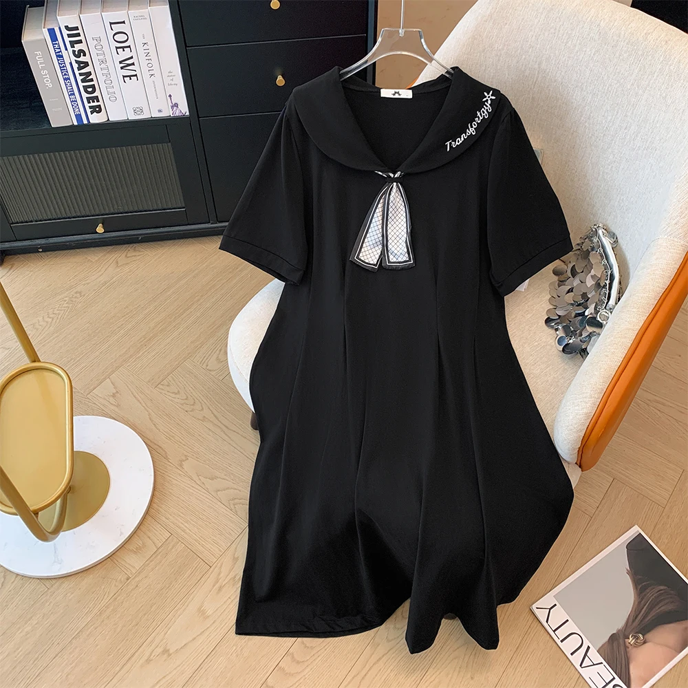 Plus-size women's Summer Casual Commute Loose comfortable dress Black letter-printed doll collar lace-up short-sleeved  dress