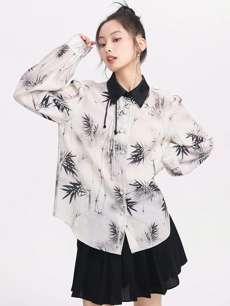 

Оригинальный дизайн: Свободное женское платье с длинными рукавами, принтом бамбуковых листьев и бахромой, с роскошной отделкой пуговицами.