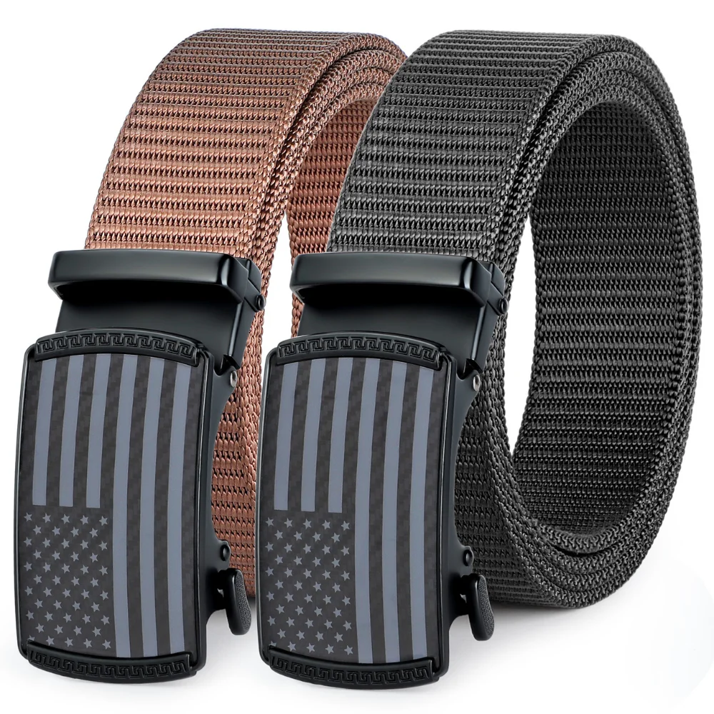 

2-Pack Nylon Ratchet Belts for Men, American Flag Slide Golf Belts 1 1/3", Tactical Work Web Belt 4th of July
