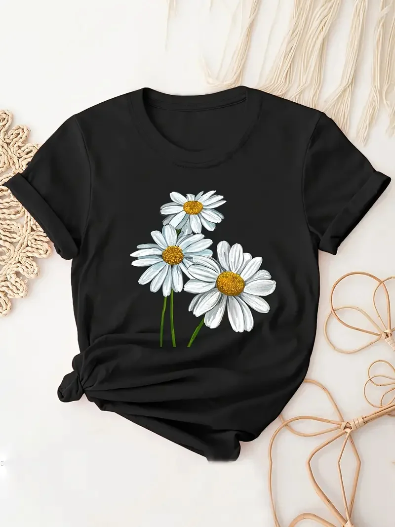 Cute Daisy Print T-Shirt, Short Sleeve Crew Neck Casual Top For All Season, Women\'s Clothing