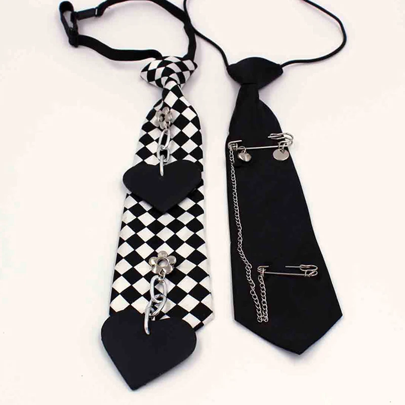 Punk Black Necktie Gothic Metal Chain Crystal Pendant Jewelry Bowtie Evening Adjustable Pre-Tied JK Shirt Decoration Bow Tie