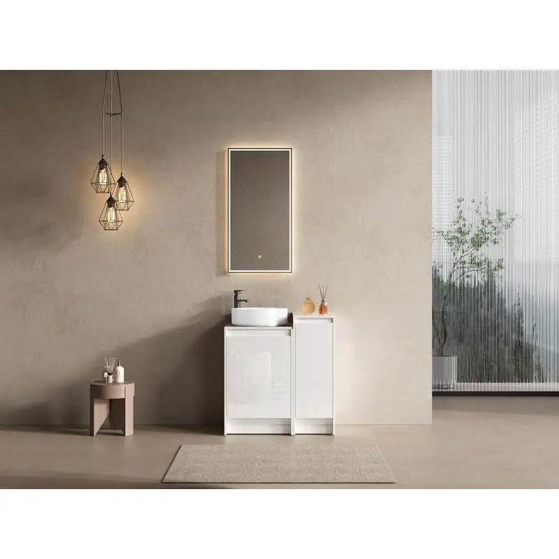 زينة قائمة بذاتها مقاس 32 بوصة مع حوض سيراميك، وخزانة تخزين صغيرة، وأبواب إغلاق ناعمة، ولمسة نهائية بيضاء لامعة، وخشب رقائقي، وتغليف KD