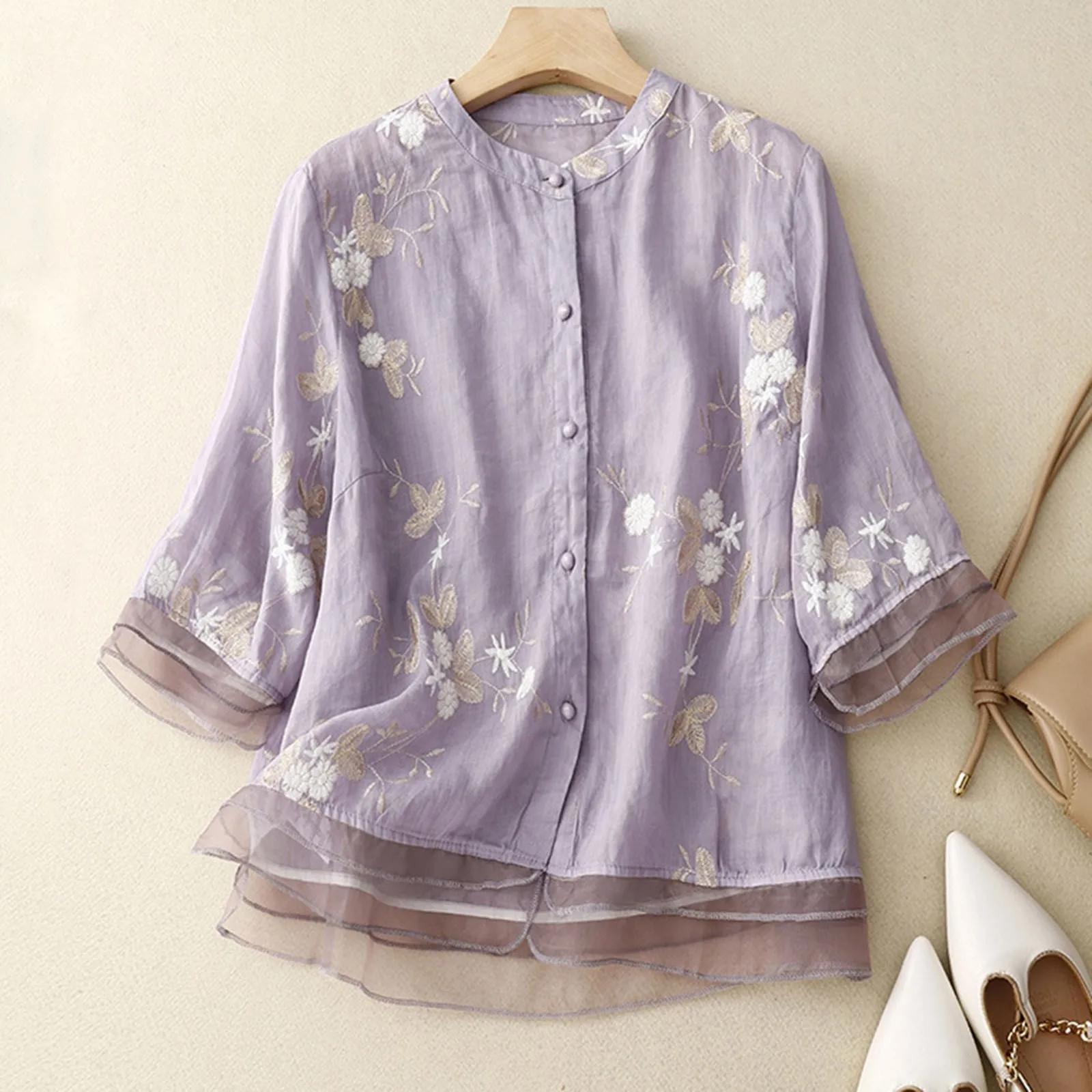 Women\'S Cotton Linen Floral Shirts Autumn2024 New Embroidery Chinese Style Blouses Loose Blouse Top Half Sleeve Clothing