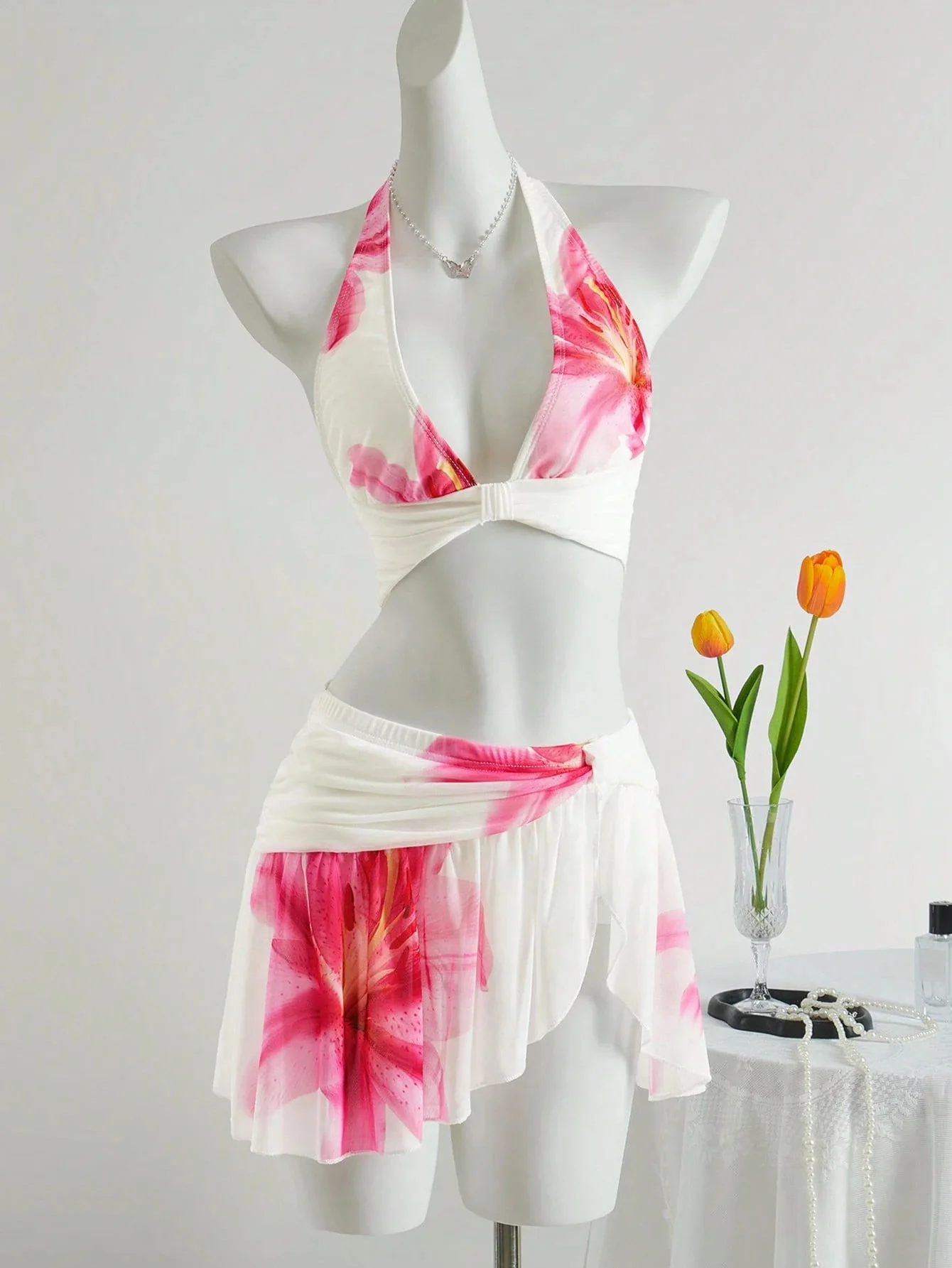 2026 Women's Skirted 3 Piece Positional Print Mesh Bikini Set Push Up Tummy Control Tankini Swimwear Beach Vacation Sexy Suits