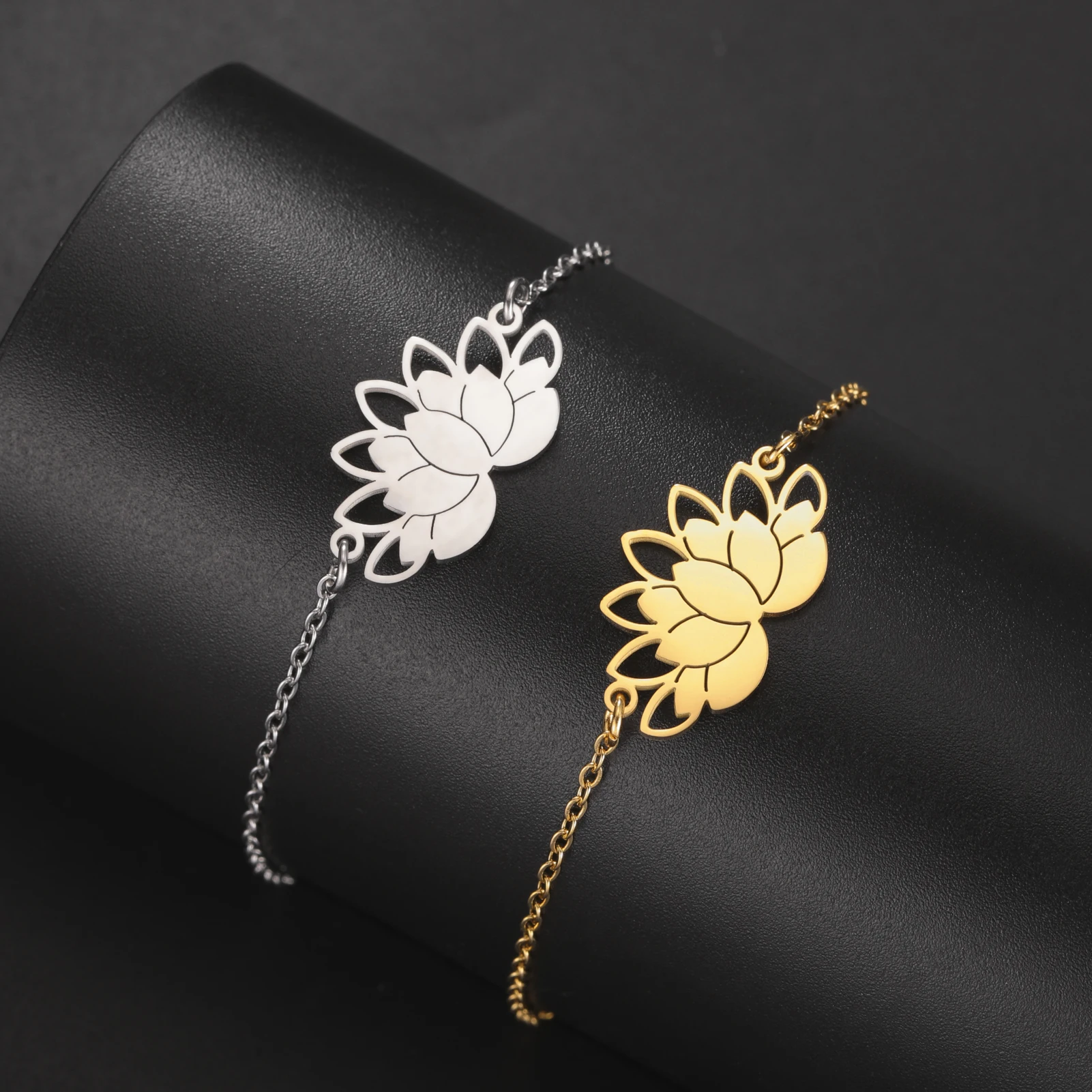 Teamer elegante pulsera con dije de flor de loto para mujeres y niñas, cadena de serpiente de acero inoxidable, pulsera de calidad, joyería de amuleto budista