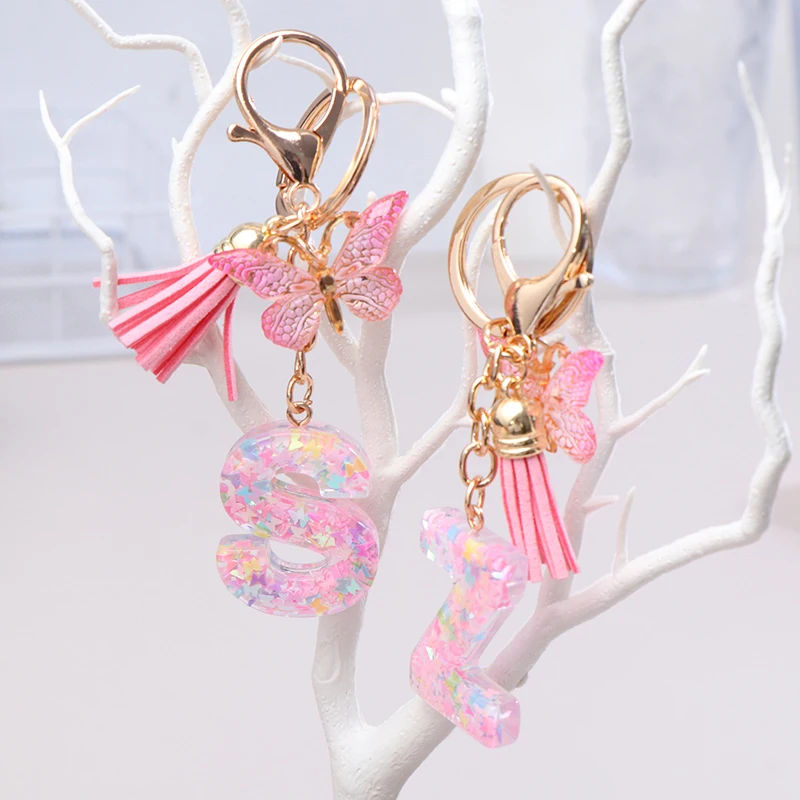 A-Z Dreamy Sequin Letters Keychain For Women Tassel Butterfly Pendant Initial Keyring Purse Suspension Bags Charms Car Key Chain