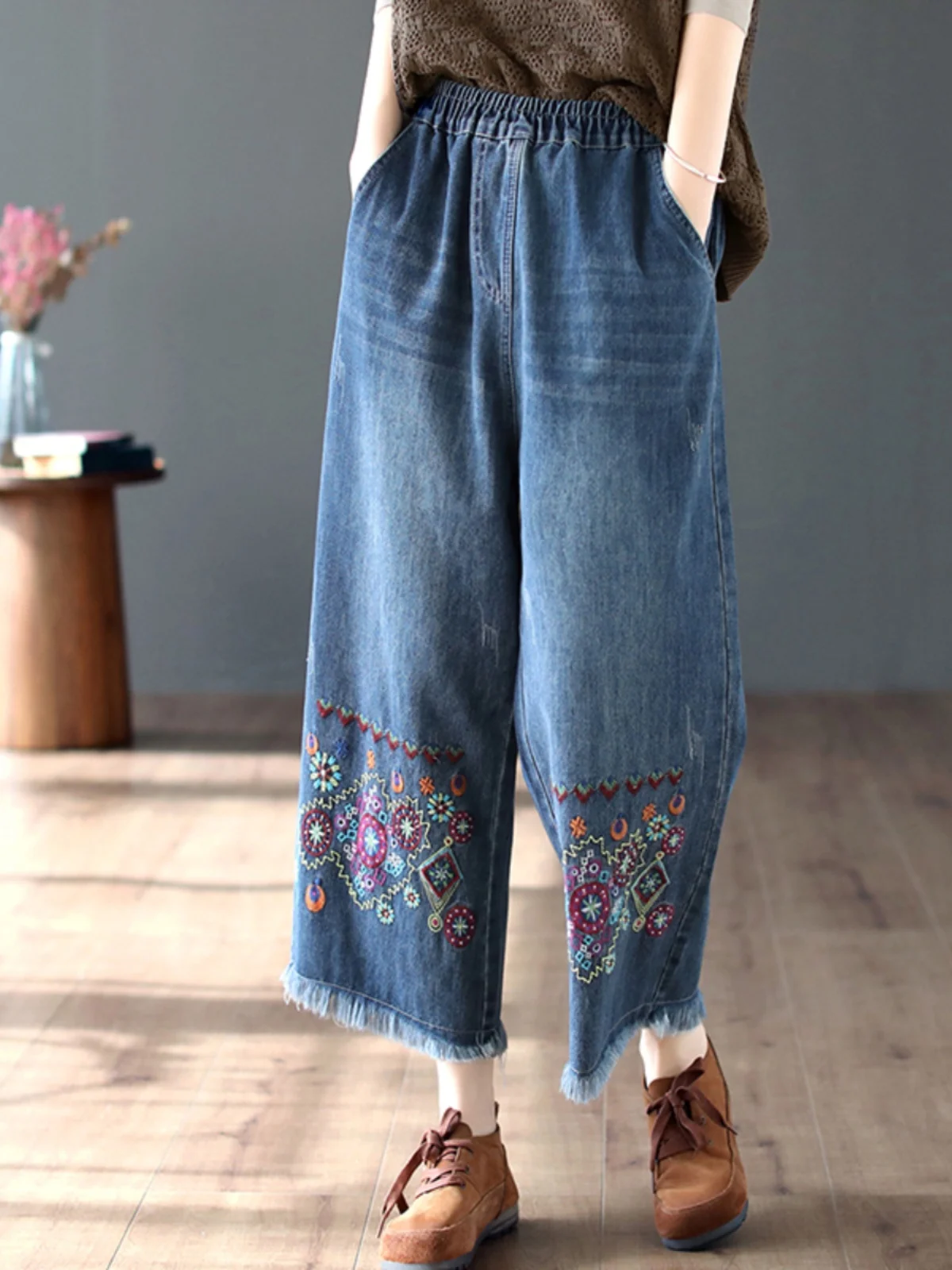 Floral Embroidery Retro National Style High Waist Jeans Female Spring Summer Casual Loose Tassels Denim Trouser Women's Clothing